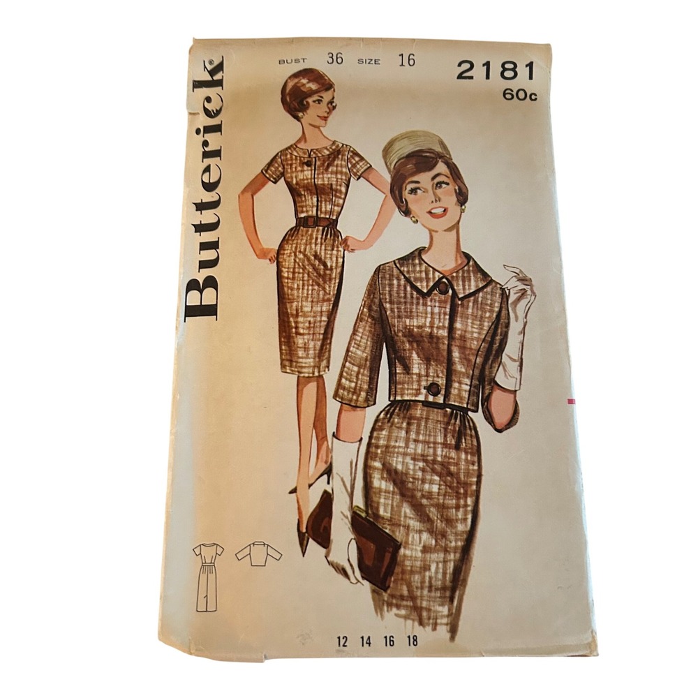 Butterick 2181 Sewing Pattern Misses Size 16 Brown Vintage 60s Dress Jacket Cut